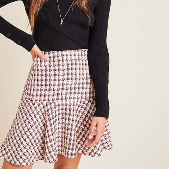 Maeve‎ by Anthropologie Tweed Flounce Skirt Burgundy Cream Size 2 - Picture 1 of 11